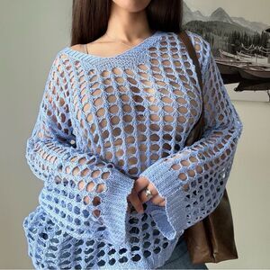 Y2K rave fishnet top sexy blue crochet sweater with cute oversized fit